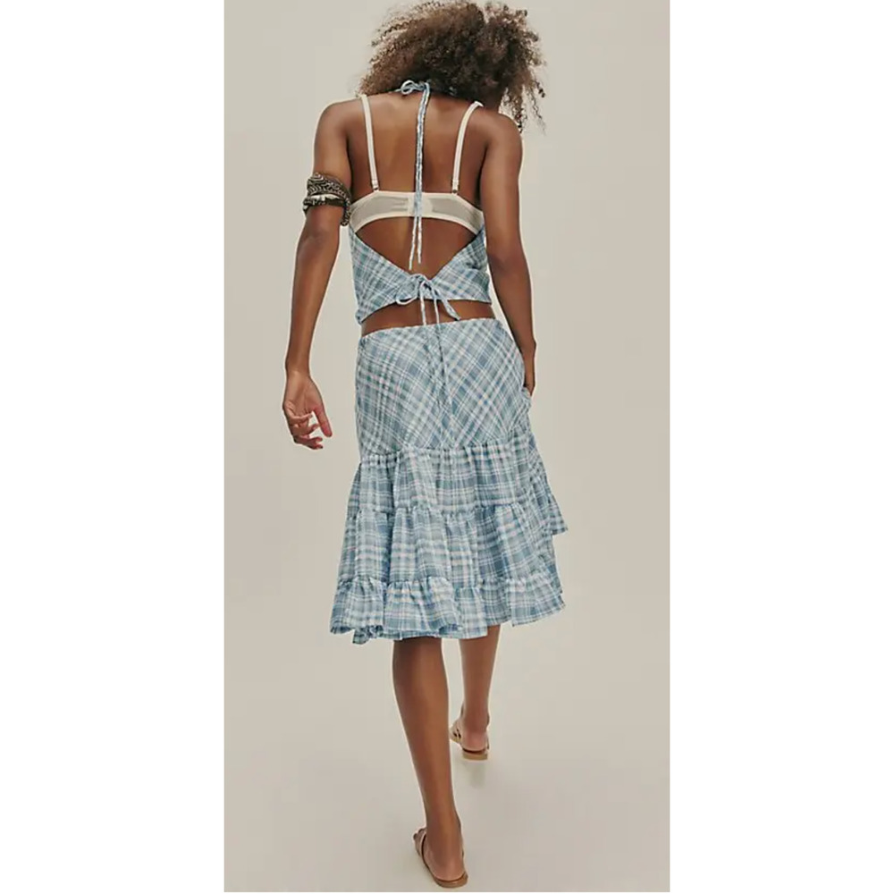 NEW FREE PEOPLE BLUE TRAYMORE PLAID MIDI SKIRT HALTER TOP SET SZ S - Picture 2 of 6